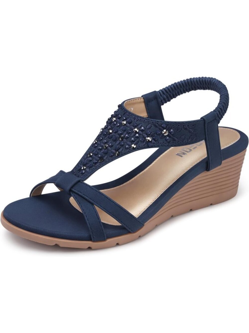 Women's Dark Blue Elastic Open Toe Flower Low Wedge Heels Platform Sandal Shoes